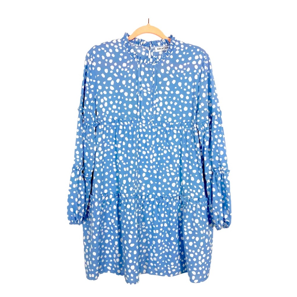 SOLUTION BLUE LEOPARD PRINT RUFFLE NECKLINE WITH RUFFLE DETAIL SLEEVE DRESS